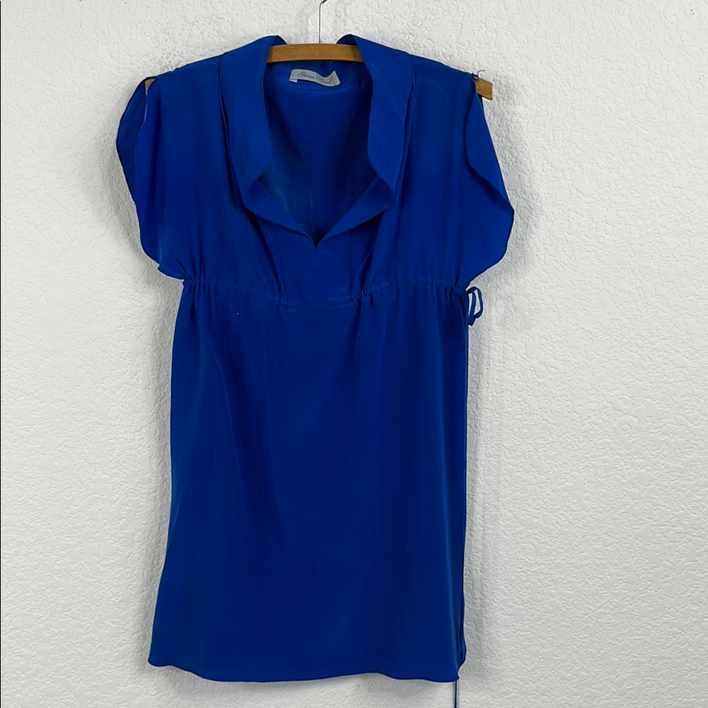 Geren Ford Silk Cobalt Empire Waist Slit Sleeve V Neck Party Mini Dress